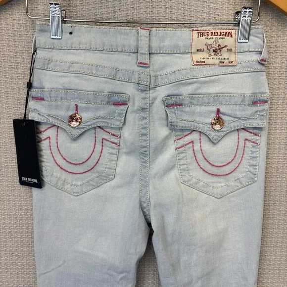 NWT True Religion Halle Jeans Women 26 High Rise Super Skinny Pink Stitching - Picture 9 of 12